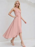 Dusty Rose Chiffon A Line V Neck Sleeveless Asymmetrical Bridesmaid Dress