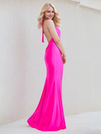 Hot Pink Satin Sheath/Column V Neck Sleeveless Floor Length Bridesmaid Dress