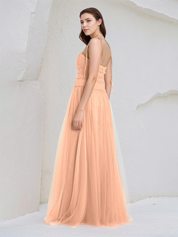Robes de demoiselle d'honneur longues en tulle, ligne A, bretelles spaghetti sans manches