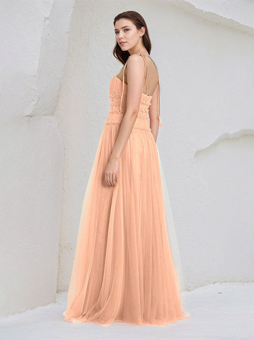 Robes de demoiselle d'honneur longues en tulle, ligne A, bretelles spaghetti sans manches