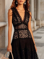 Black Lace V Neck Sleeveless A-Line Midi Dress
