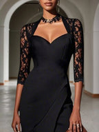 Robe midi ligne A en dentelle noire, col cœur, manches mi-longues