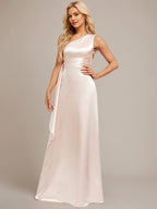 Blushing Pink A-Line One Shoulder Floor-Length Satin Bridesmaid Dress With Ruffle