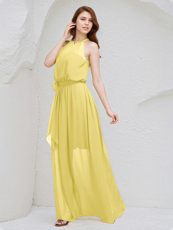 Vestido longo de madrinha amarelo de chiffon em A com decote halter e sem mangas