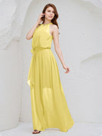 Vestido longo de madrinha amarelo de chiffon em A com decote halter e sem mangas