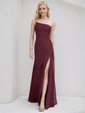 Cabernet Chiffon A Line One Shoulder Sleeveless Floor Length Bridesmaid Dress