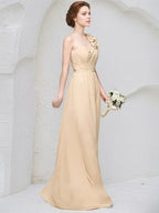 Champagne Chiffon A Line One Shoulder Sleeveless Floor Length Bridesmaid Dress With 3D Floral Ruffle