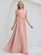 Vestido de madrinha rosa antigo de chiffon em linha A com decote em V, sem mangas, comprimento até o chão e babados