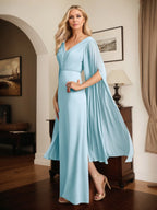 Abito lungo in chiffon a tubino/colonna con scollo a V e maniche lunghe
