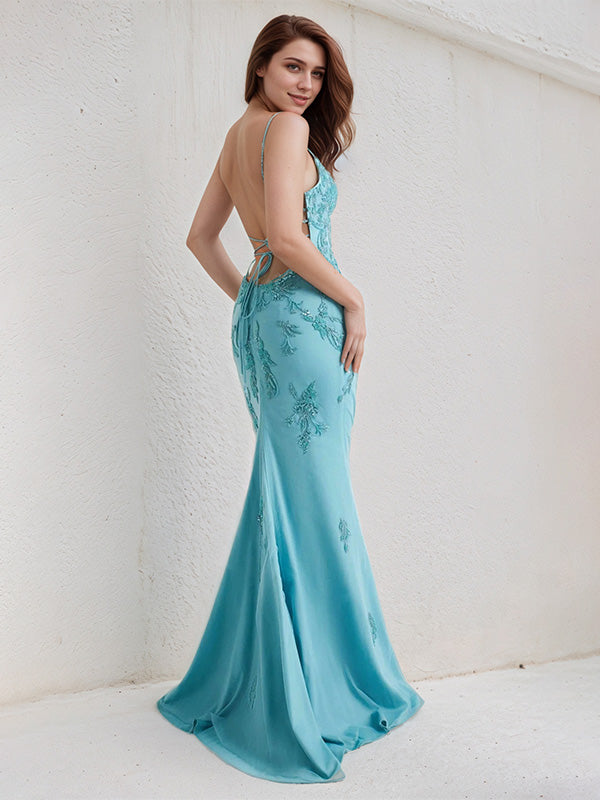 Vestido largo de dama de honor azul aqua de gasa trompeta/sirena con tirantes de espagueti y sin mangas