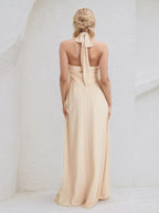 Champagne Chiffon A Line Halter Neck Floor Length Bridesmaid Dress