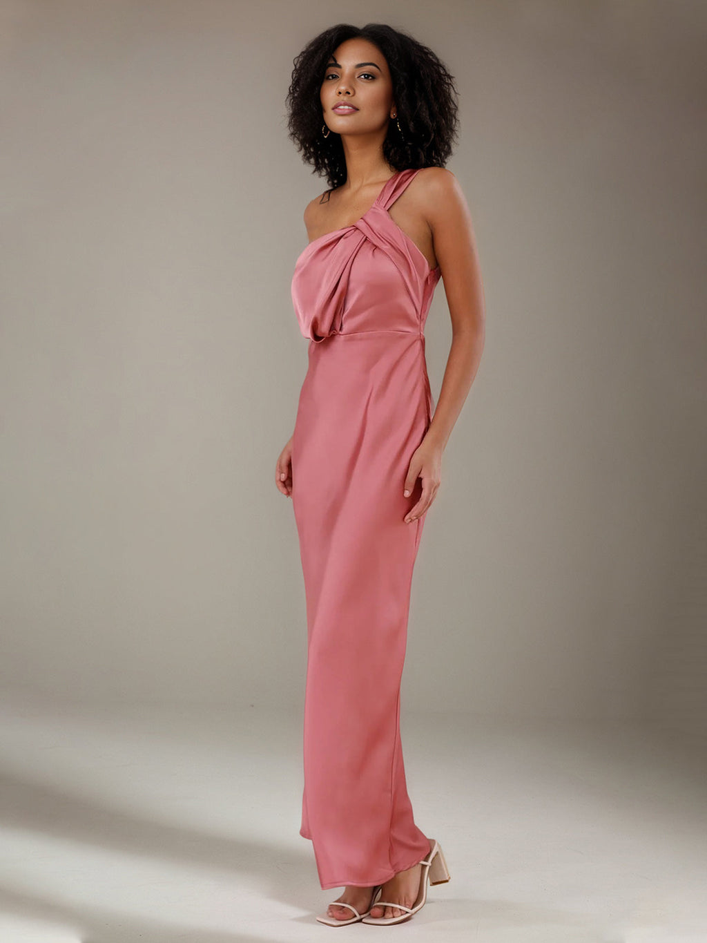 Rose Pink Satin Sheath/Column One Shoulder Ankle Length Bridesmaid Dresses