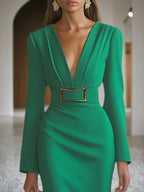 Green Deep V Neck Long Sleeve Sheath Maxi Dress