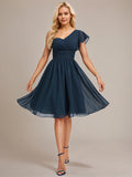 Dark Navy A-Line One Shoulder Knee-Length Chiffon Bridesmaid Dress With Ruffle