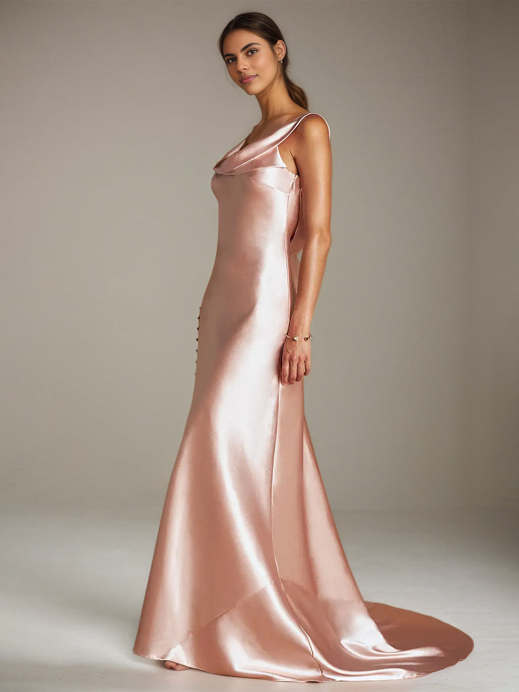 Blush Pink Satin Sheath/Column Asymmetrical Sleeveless Floor Length Bridesmaid Dress