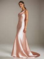 Blush Pink Satin Sheath/Column Asymmetrical Sleeveless Floor Length Bridesmaid Dress