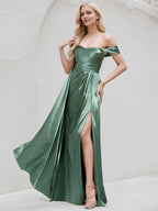 Sea Glass Satin A Line Off the Shoulder Sleeveless Floor Length Bridesmaid Dress
