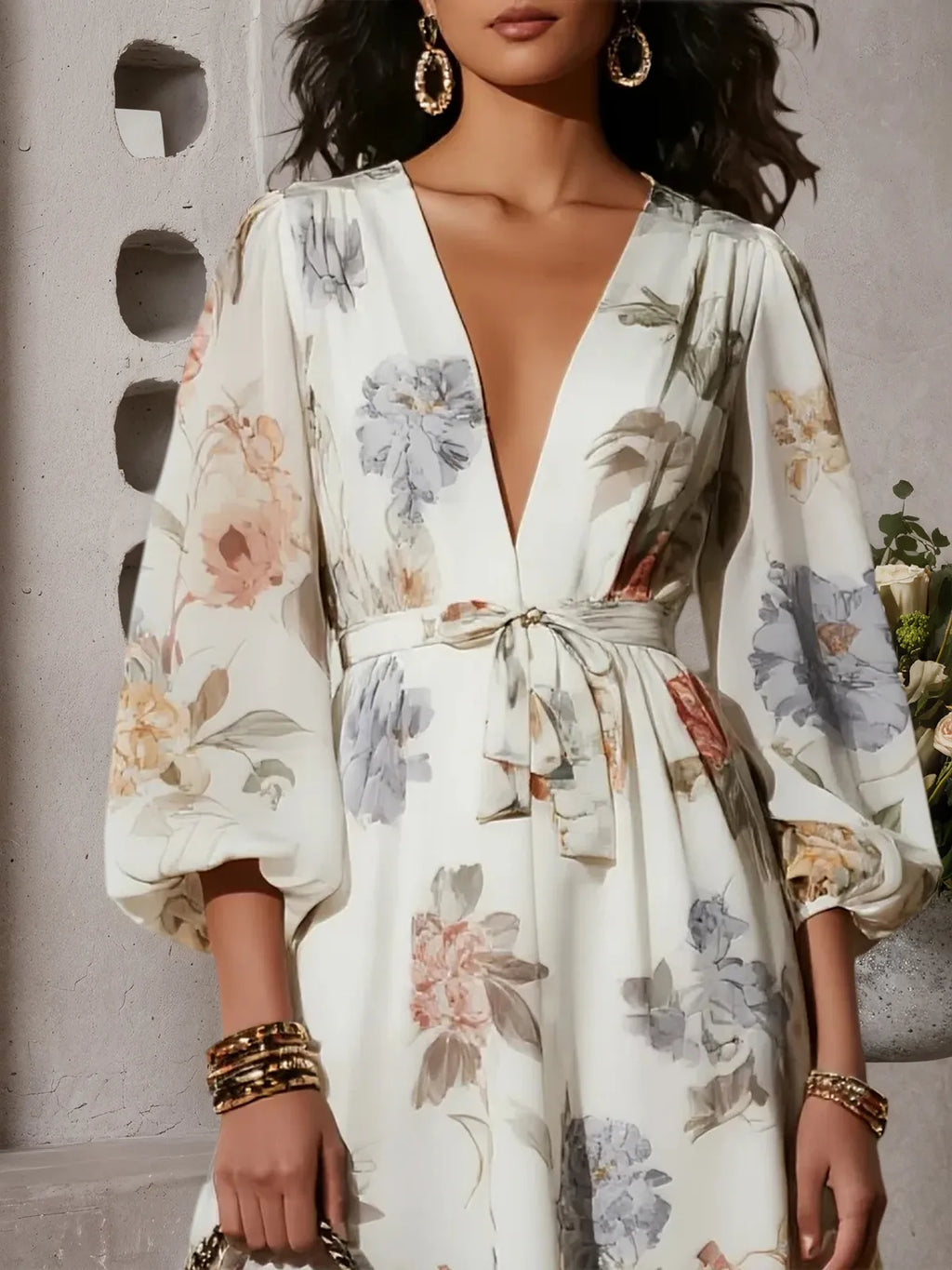 Vestido midi branco em chiffon floral, decote em V, mangas longas bufantes, corte A