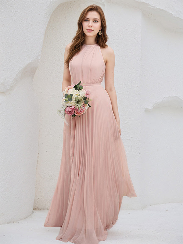 Abito lungo da damigella in chiffon rosa cipria a linea ad A con scollo all'americana e senza maniche