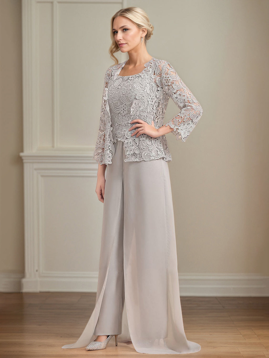 Conjunto Calça para Mãe da Noiva de Chiffon, Decote Quadrado, Sem Mangas e Comprimento Longo com Pregas