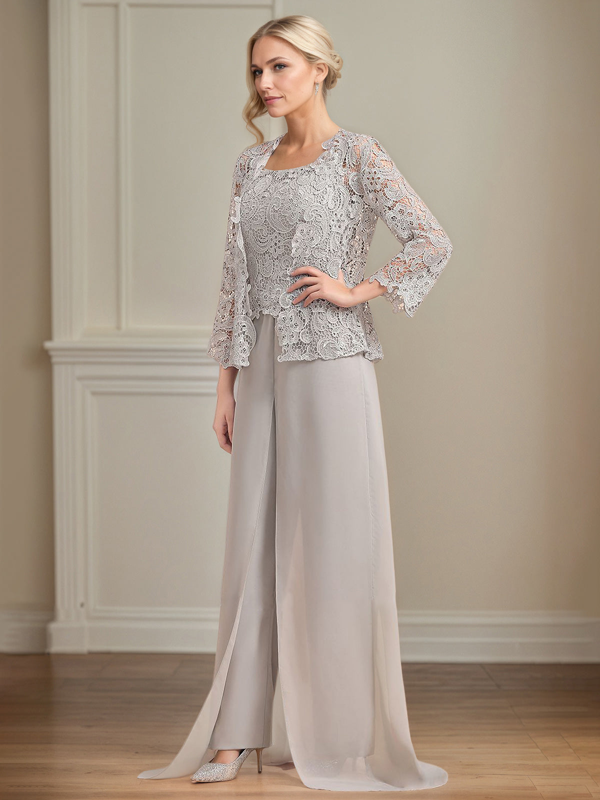 Conjunto Calça para Mãe da Noiva de Chiffon, Decote Quadrado, Sem Mangas e Comprimento Longo com Pregas