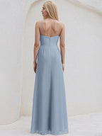 Dusty Blue Chiffon A Line Spaghetti Straps Sleeveless Floor Length Bridesmaid Dress With Slit