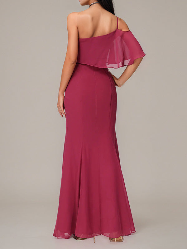 Mulberryfarbenes Etui/Column Chiffon Kleid mit einer Schulter, ärmellos und bodenlang, Brautjungfernkleid