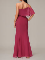 Mulberryfarbenes Etui/Column Chiffon Kleid mit einer Schulter, ärmellos und bodenlang, Brautjungfernkleid