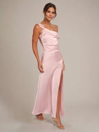 Pale Pink Satin Sheath/Column One Shoulder Ankle Length Bridesmaid Dresses