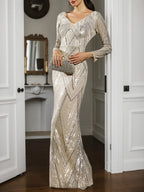 Abito da sera sirena champagne con paillettes argento