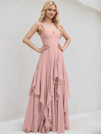 Dusty Rose Chiffon A Line Spaghetti Straps Floor Length Bridesmaid Dress With Cascading Ruffles