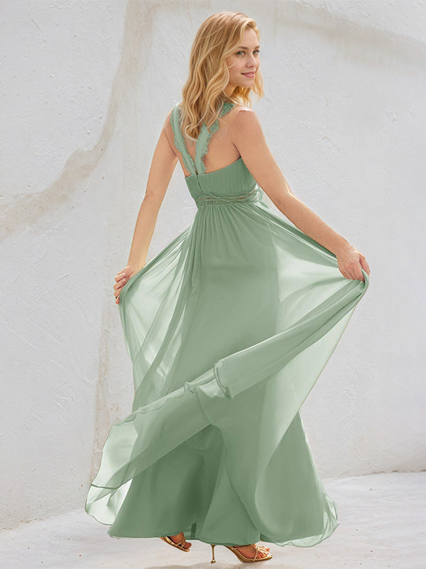 Sage Chiffon A Line V Neck Sleeveless Floor Length Bridesmaid Dresses