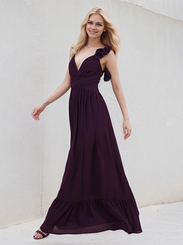 A Line Plum Chiffon V Neck Sleeveless Floor Length Pleated Dress