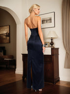 Marineblaues Etuikleid/Schlauch mit herzförmigem Ausschnitt, ärmelloses Satin Kleid für die Brautmutter