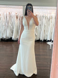Beaded Plunging V-Neck Crepe Sheath Wedding Dress