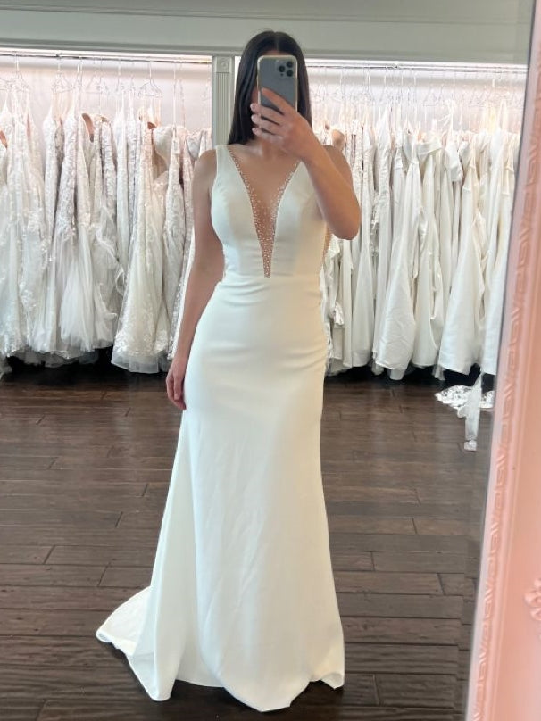 Beaded Plunging V-Neck Crepe Sheath Wedding Dress