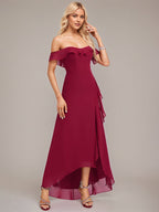 Burgundy A-Line Off The Shoulder Asymmetrical Chiffon Bridesmaid Dress With Cascading Ruffles
