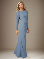 Dusty Blue Stretch Crepe Boat Neck Long Sleeves Floor Length Dress