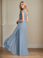 Robe mère de la mariée ligne A en chiffon col en V manches courtes longueur au sol