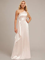 Blushing Pink A-Line One Shoulder Floor-Length Satin Bridesmaid Dress With Ruffle