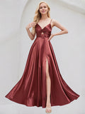 Rosewood Satin A Line V Neck Sleeveless Floor Length Bridesmaid Dress