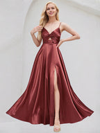 Rosewood Satin A Line V Neck Sleeveless Floor Length Bridesmaid Dress