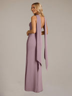 Robe fourreau/colonne en mousseline au décolleté bardot sans manches et longueur au sol couleur crépuscule