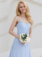 Sky Blue Chiffon A Line Spaghetti Straps Sleeveless Floor Length Bridesmaid Dress With Applique