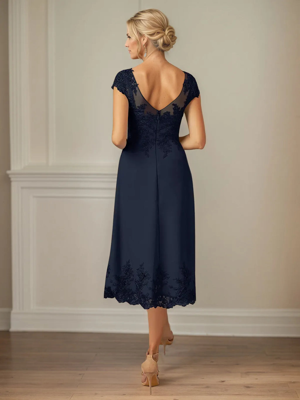 A-Linien Kleid mit Rundhalsausschnitt, kurzen Ärmeln und knöchellangem Chiffon, Mutter der Braut Kleid