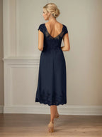 A-Linien Kleid mit Rundhalsausschnitt, kurzen Ärmeln und knöchellangem Chiffon, Mutter der Braut Kleid