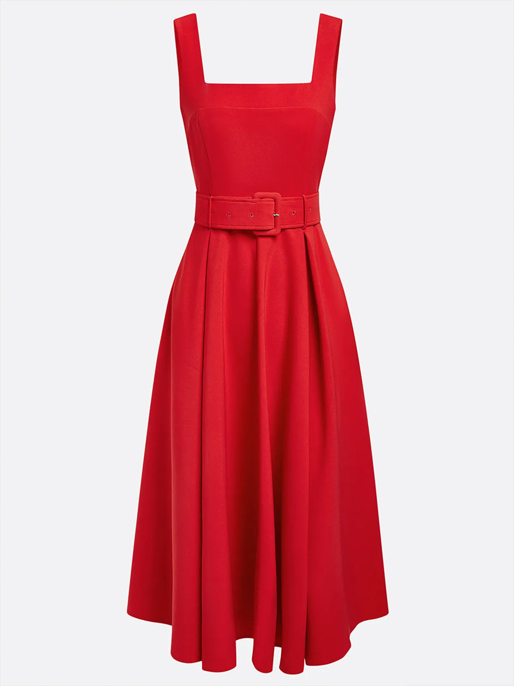 Abito midi rosso con scollo quadrato, senza maniche, linea ad A