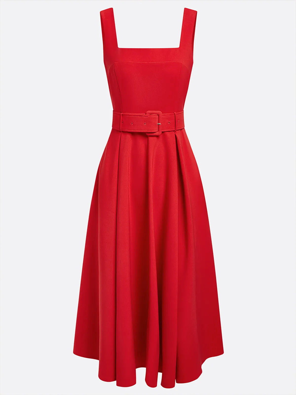 Abito midi rosso con scollo quadrato, senza maniche, linea ad A