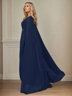 A-Linie V-Ausschnitt Cap-Ärmel bodenlanges Chiffon Kleid für die Brautmutter