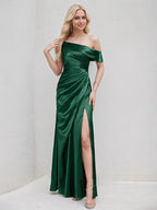 Dark Green Satin A Line One Shoulder Floor Length Bridesmaid Dress